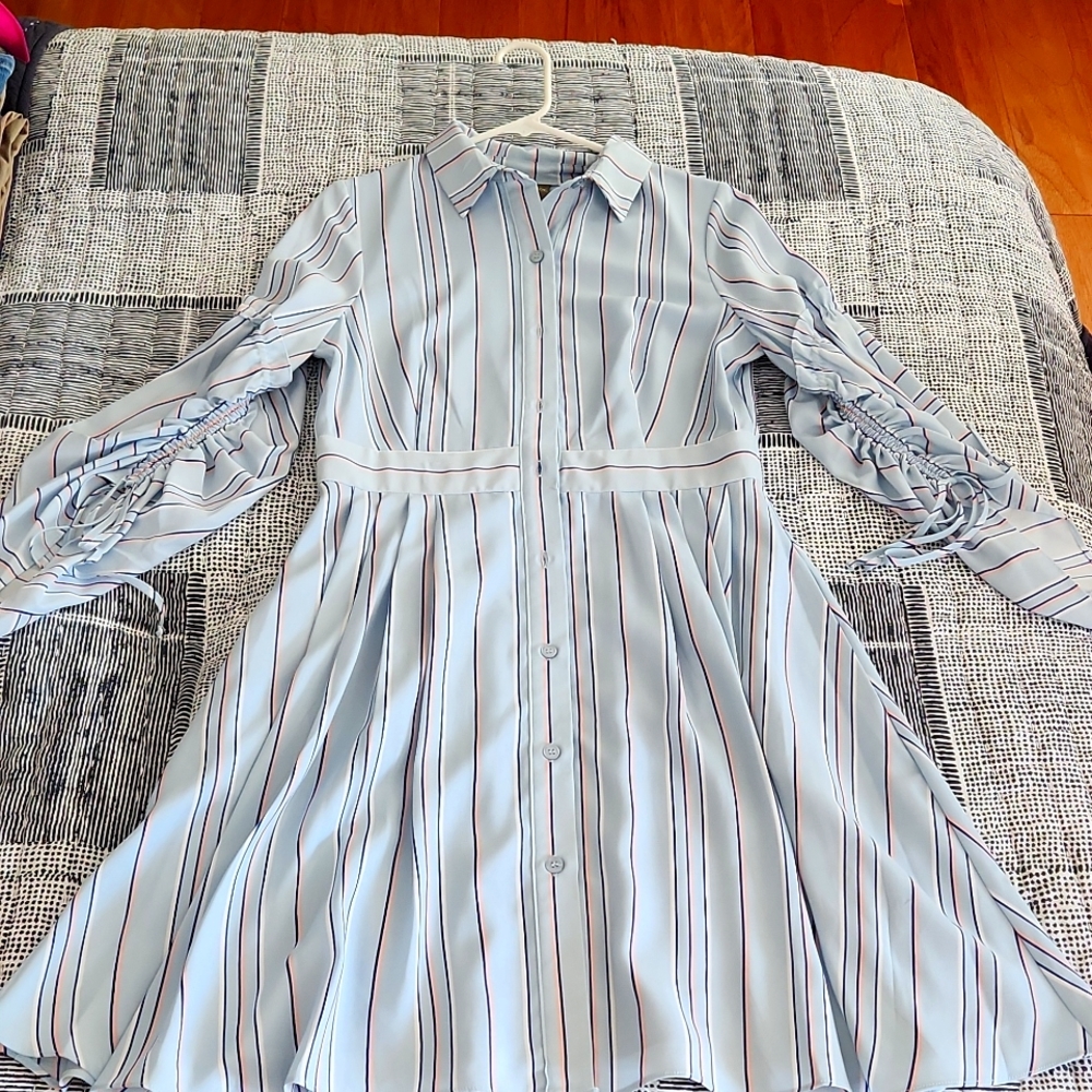 Taylor Striped Long Sleeve Shirt Dress in Light Blue with Navy and Red Stripes